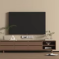 Modern Wooden TV Stand with Decorative Plants Books and Geometric Ornaments