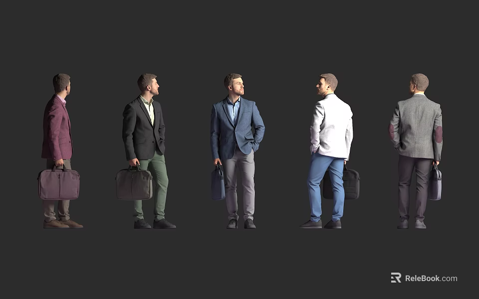 Men Standing From Different Angles With Various Outfits And Briefcases On Gray Background 3d model 