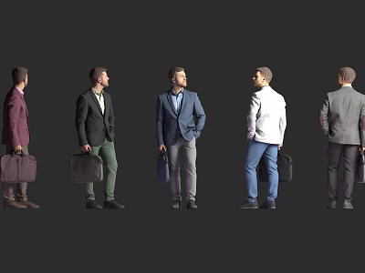 Men Standing From Different Angles With Various Outfits And Briefcases On Gray Background 3d model