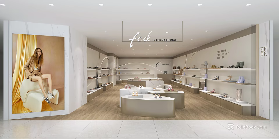 Modern International Fashion Clothing Store Interior With Display Shelves And Clothing Accessories 3d model 