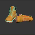 Yellow Boots With Red Soles And Laces On Dark Background With Reflections
