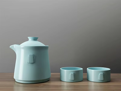 Modern Minimalist Light Blue Ceramic Tea Set with Teapot and Two Cups on Wooden Table 3d model