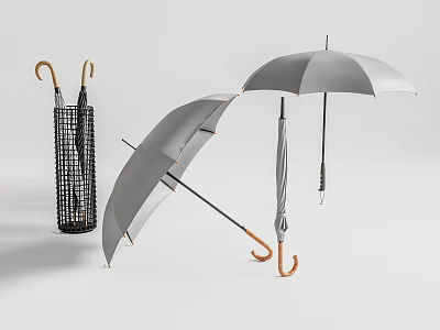 Three Gray Umbrellas With Wooden Handles Two Open And One In Black Basket 3d model