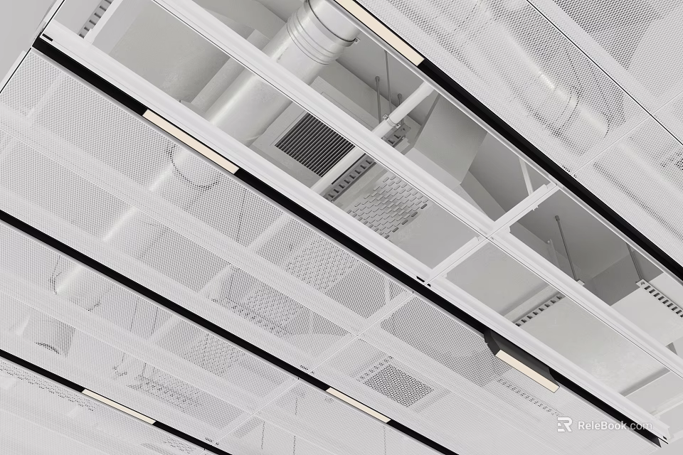 Modern White Grid Ceiling Design With Linear Lights And Black Strips 3d model 