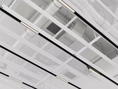 Modern White Grid Ceiling Design With Linear Lights And Black Strips 3d model