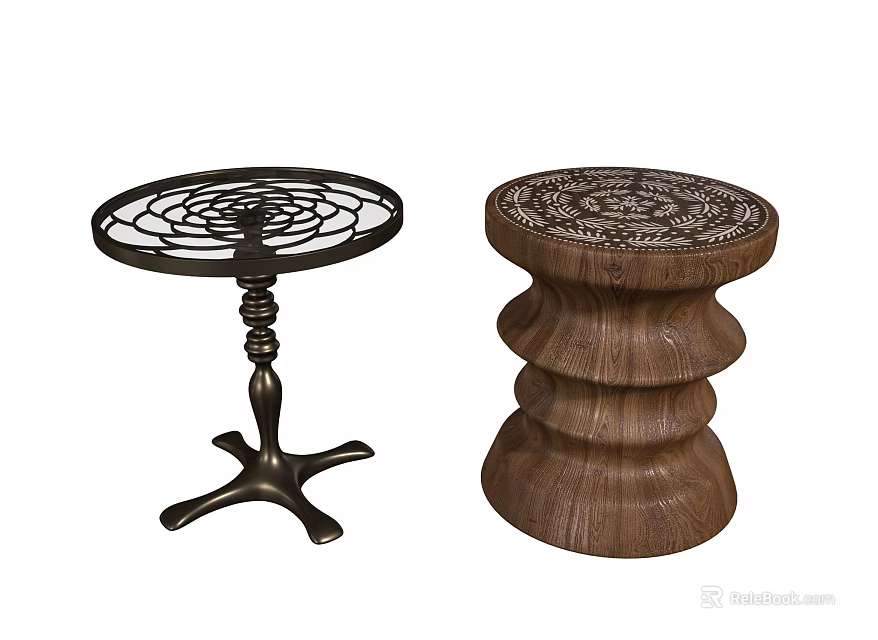 Metal and Wooden Side Tables with Openwork Patterns and Intricate Carvings on Sturdy Bases 3d model 