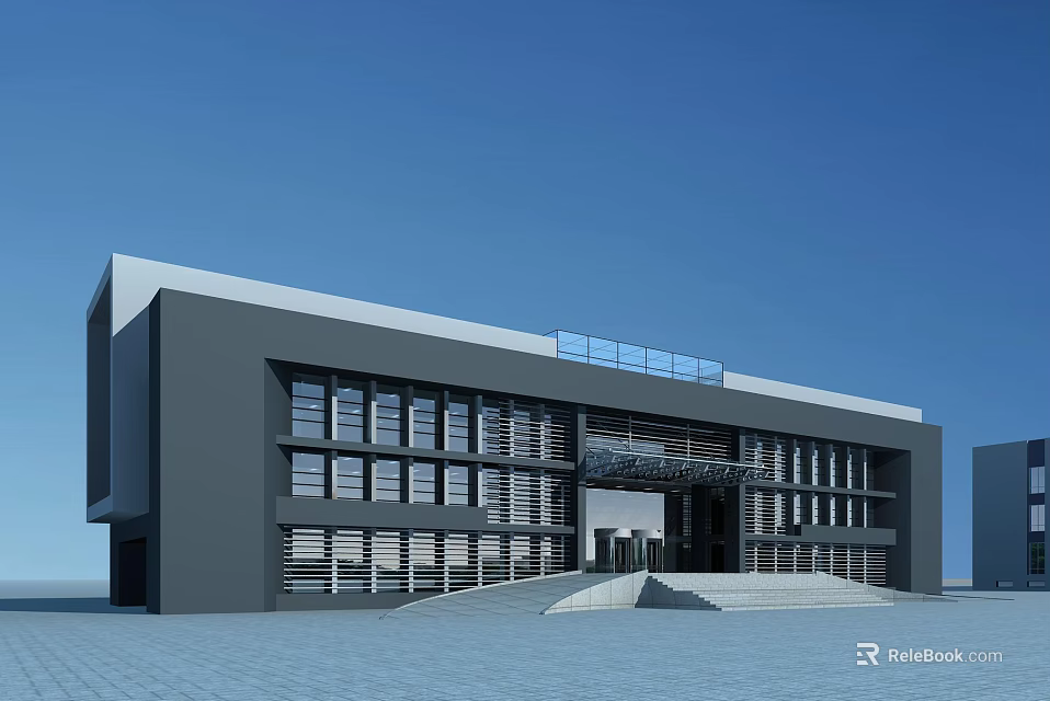 Modern Office Building Exterior Design With Large Glass Windows Gray Exterior Walls And Front Steps 3d model 