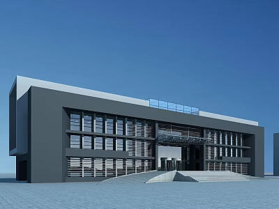 Modern Office Building Exterior Design With Large Glass Windows Gray Exterior Walls And Front Steps 3d model