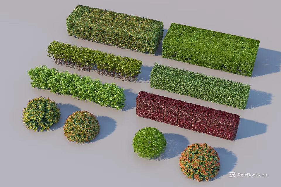 Different Shaped Garden Shrubs in Green Red Colors for Landscaping Design 3d model 