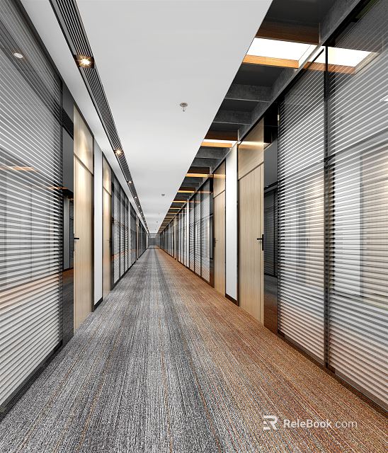 Modern Office Corridor Interior With Glass Partitions Blinds Carpet And Ceiling Light Strips 3d model 