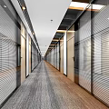 Modern Office Corridor Interior With Glass Partitions Blinds Carpet And Ceiling Light Strips