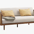 Multi Seater Sofa With Woven Rattan Armrests Wooden Frame And Beige Cushions