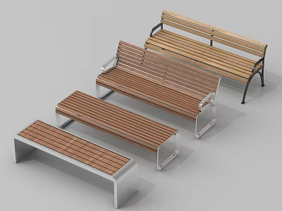 Modern Four Benches with Wooden Seats and Metal Frames in Light Dark Wood 3d model