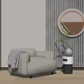 Light Gray Single Sofa With Checkered Blanket Side Table Vase Plant Striped Wallpaper Round Mirror
