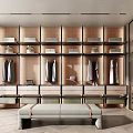 Modern Walk In Closet With Storage Shelves Hanging Clothes And Bench