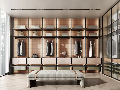 Modern Walk In Closet With Storage Shelves Hanging Clothes And Bench 3d model