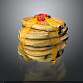 Tasty Stacked Pancakes Topped with Drizzling Syrup and Fresh Red Berries
