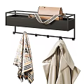 Stylish Beige Coats Hanging On Rack With Scarf And Paper Bag