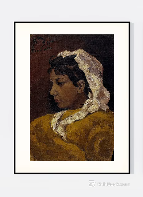 Portrait Painting of a Woman Wearing White Lace Headscarf and Yellow Clothing 3d model 
