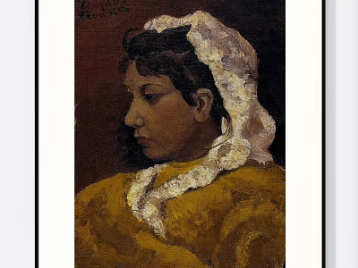 Portrait Painting of a Woman Wearing White Lace Headscarf and Yellow Clothing 3d model