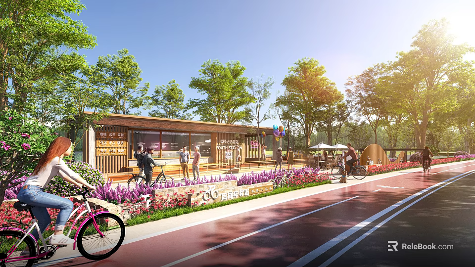 Scenic Rest Stop With Green Trees Colorful Flowers And Cycling People On Red Path 3d model 