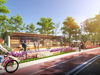 Scenic Rest Stop With Green Trees Colorful Flowers And Cycling People On Red Path 3d model