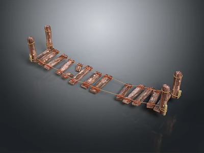 Wooden Bridge Structure With Planks Pillars And Rope Railings On Simple Background 3d model