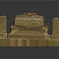 Historic Stone Tomb Scenery With Cross Pillars Chain And Moss Covered Base