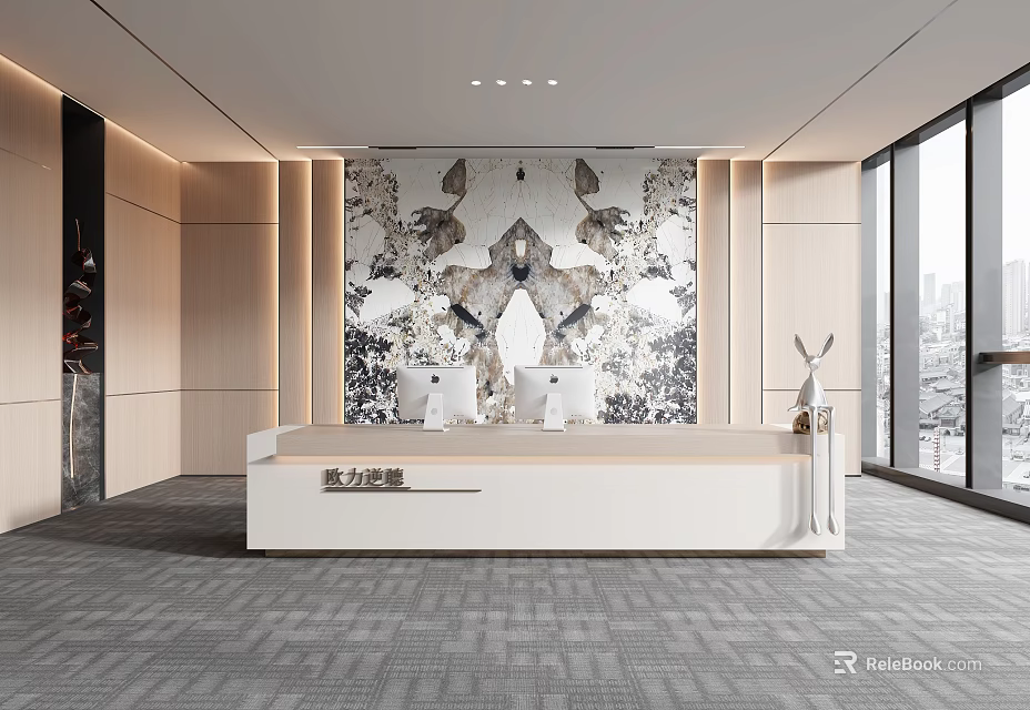 Modern Reception Area Interior With White Reception Desk Feature Wall Artwork And Large Windows 3d model