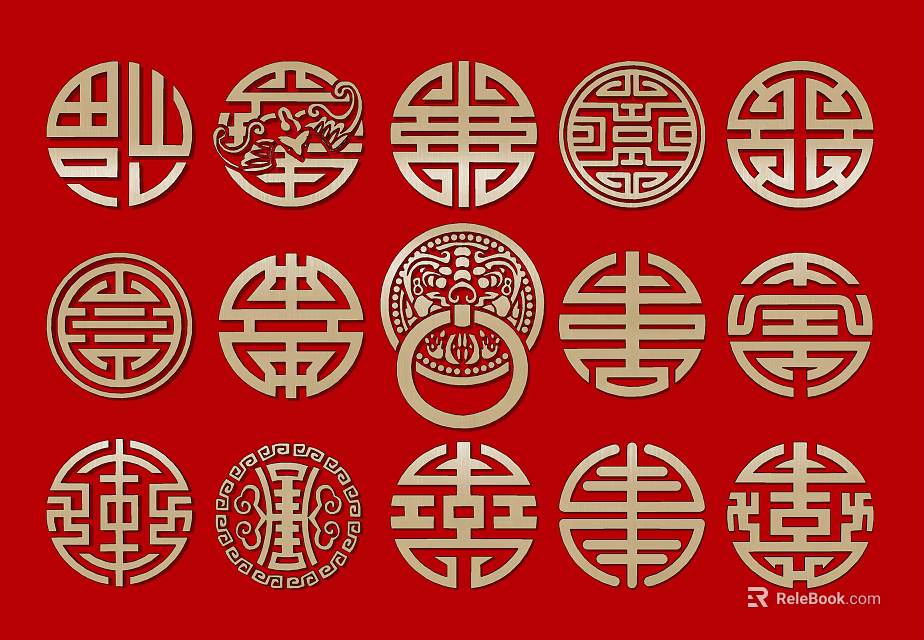 Traditional Chinese Golden Carvings On Red Background With Auspicious Circular Patterns 3d model 