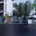 Scenic Park Landscape With Modern White Building Lattice Wall Pine Tree Stone Steps And Greenery