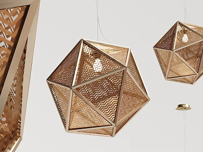 Modern Geometric Pendant Lights with Perforated Chevron Pattern and Golden Brass Finish Hanging in Interior 3d model