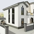 Two Story White Detached Villa Exterior With Round Tower Balcony Arched Door And Trees