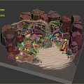 3D Cartoon Island Scene With Red Rocks Tree Rope Bridge Small Boat And Sandy Beach