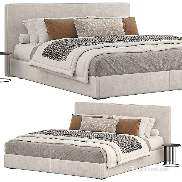 Modern Upholstered Double Bed With Gray Bedspread And Decorative Pillows 3d model 
