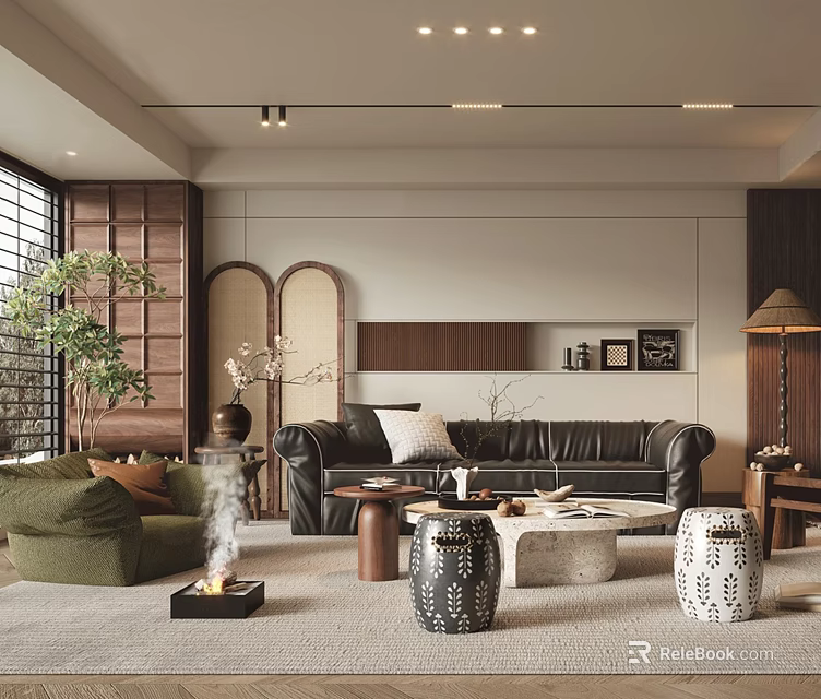 Modern Living Room Interior Design With Green Armchair Black Leather Sofa And Wooden Bookshelf 3d model 