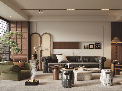 Modern Living Room Interior Design With Green Armchair Black Leather Sofa And Wooden Bookshelf 3d model