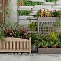 Lovely Garden Decor With Wooden Planters Trellis Stone Wall And Colorful Climbing Plants