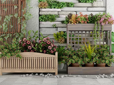Lovely Garden Decor With Wooden Planters Trellis Stone Wall And Colorful Climbing Plants 3d model