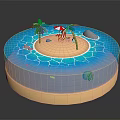 Cartoon Scene of Tropical Island with Sandy Beach Palm Trees Striped Umbrella and Blue Water