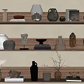 Natural Rustic Decorative Ornament Combination on Wooden Shelves with Vases Sculptures Books and Table Lamp