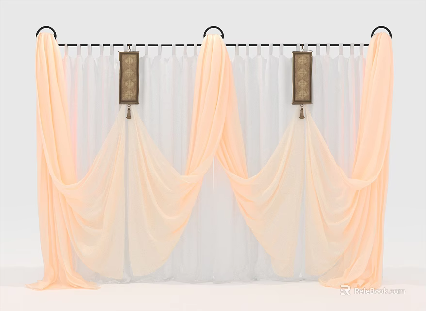 Elegant Pastel Pink And White Curtain Drapery With Black Rod And Decorative Hangings 3d model 