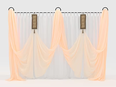 Elegant Pastel Pink And White Curtain Drapery With Black Rod And Decorative Hangings 3d model