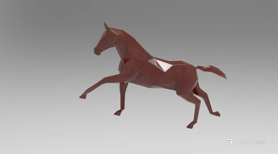 Low Poly Brown Wooden Horse Sculpture With Raised Front Leg Modern Design 3d model 