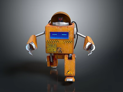 Orange Robot Design With Yellow Warning Stripes Blue Screen And Mechanical Arms 3D Render 3d model