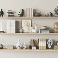 Decorative Ornament Set on Wooden Shelves with Buddha Statue Vases Books and Mini Bonsai