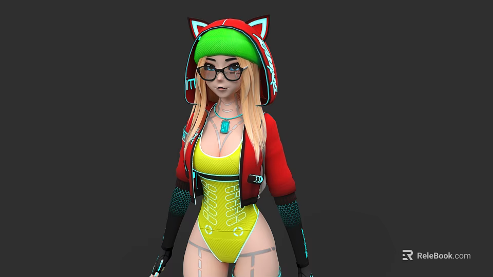 A Woman With Blonde Hair Wearing Red Green Cat Ear Hat Glasses Yellow Bodysuit Red Jacket 3d model 