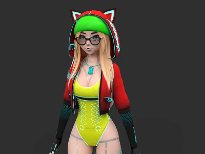 A Woman With Blonde Hair Wearing Red Green Cat Ear Hat Glasses Yellow Bodysuit Red Jacket 3d model