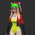 A Woman With Blonde Hair Wearing Red Green Cat Ear Hat Glasses Yellow Bodysuit Red Jacket