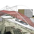 Modern Geometric Pergola Structure With Metal Frame And Red Canopy Design